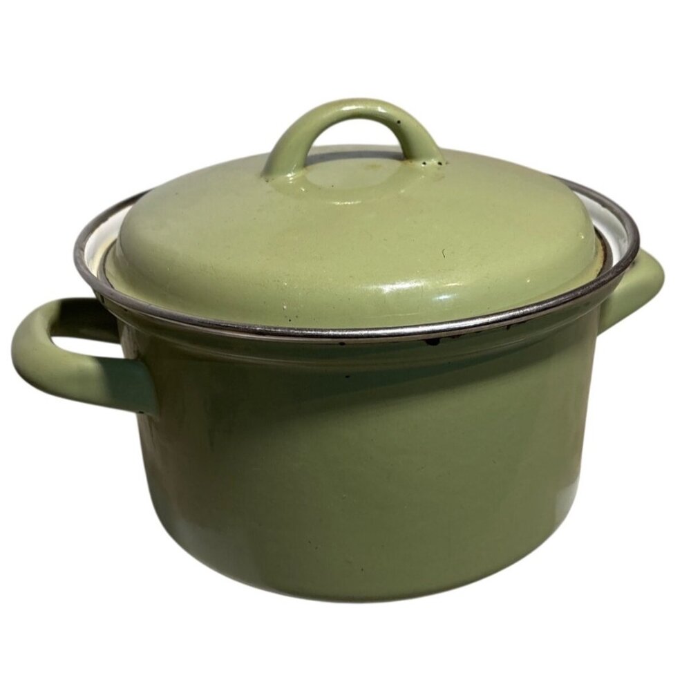 Enamelware Cooking Pot With Lid 9" Diameter Vintage Avocado Green Stained